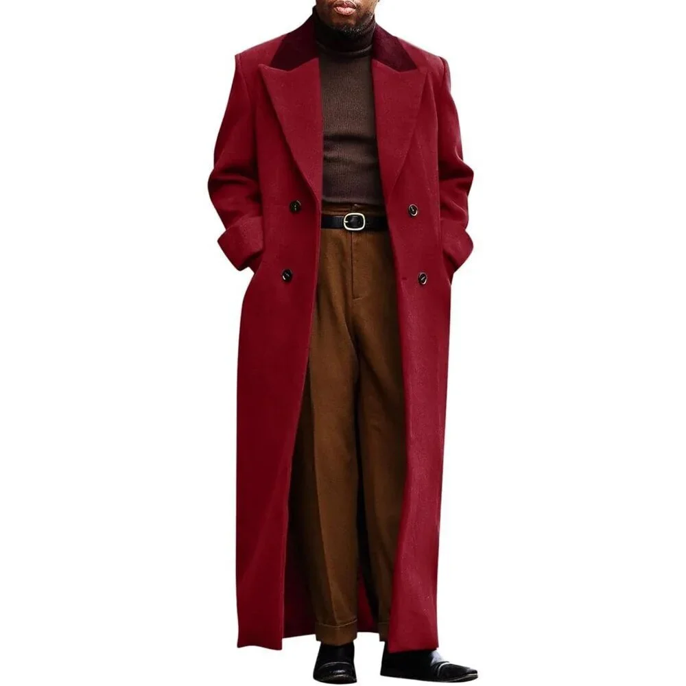 Men's Burgundy Full Length Trench Coat Notched Double Breasted Winter Overcoat